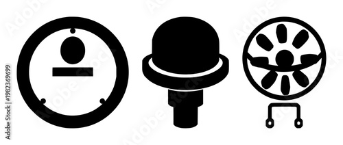 Air quality monitoring sensor set with solid black icon, white background featuring icons, interface, technology with environmental and health