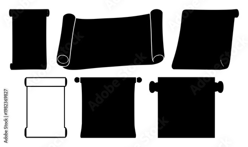 Smart contract digital scroll set with solid black icon on white background featuring minimalistic design, line art, iconography with blockchain and transparency