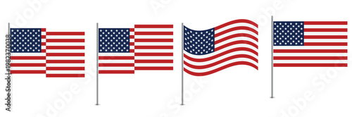 Photos A collection of four stylized American flags displayed on poles with varying des