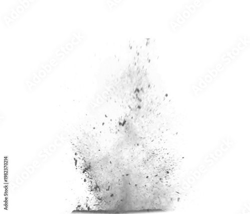 Quadro su tela Black dust explosion splash isolated on white background with gritty debris spray, smoky impact burst, monochrome detonation particles and dramatic grunge blast effect for design compositions