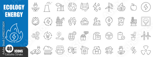 Ecology and Renewable Energy Line Icons Collection, Green Energy Environment and Sustainability Vector Set Editable Stroke