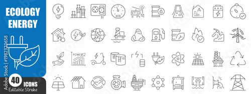 Ecology and Renewable Energy Line Icons Collection, Green Energy Environment and Sustainability Vector Set Editable Stroke