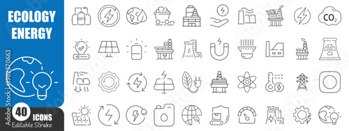Ecology and Renewable Energy Line Icons Collection, Green Energy Environment and Sustainability Vector Set Editable Stroke