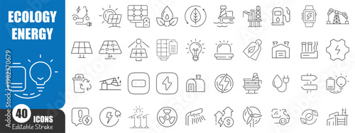 Ecology and Renewable Energy Line Icons Collection, Green Energy Environment and Sustainability Vector Set Editable Stroke