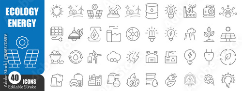 Ecology and Green Energy Line Icons Set – Renewable Power, Sustainability and Environmental Technology Outline Vector Collection