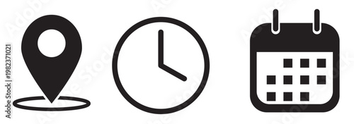 Date time and location icon set, including calendar, clock, and location pin symbols, vector illustrations perfect for business schedules, office planning,