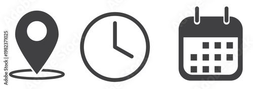 Date time and location icon set, including calendar, clock, and location pin symbols, vector illustrations perfect for business schedules, office planning,