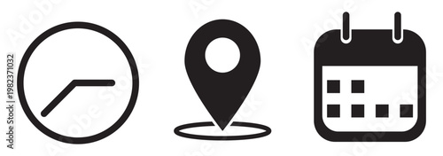 Date time and location icon set, including calendar, clock, and location pin symbols, vector illustrations perfect for business schedules, office planning,