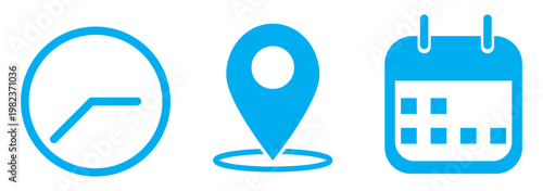 Calendar, clock, and location pin icons. Time, date, and address icon vector set for events, banner, poster, meeting, agenda, invitation and business cards