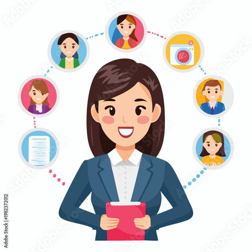 Woman holding tablet with social media icons.
