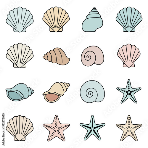 Collection of seashells and starfish in pastel colors with seashell icon marine life beach decor