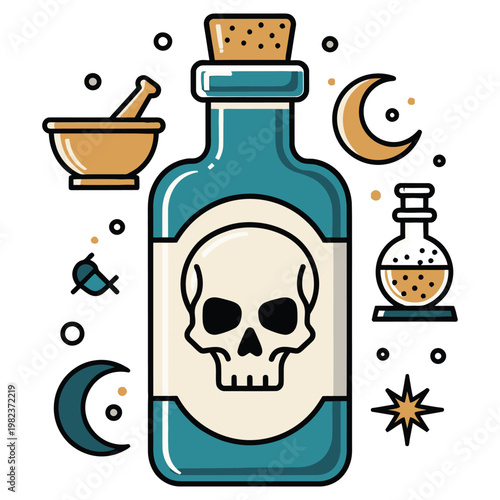 Poison bottle with skull and crescent moon witchcraft halloween apothecary supernatural pharmacy