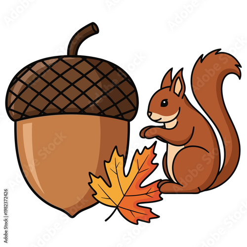 Cartoon squirrel next to giant acorn and autumn leaf with cute animal small animal tree nut winter prepa