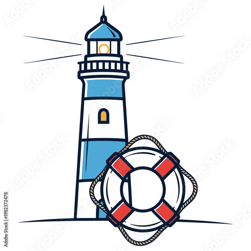 Lighthouse with a lifebuoy in front representing guidance safety nautical themes life preserver guidance