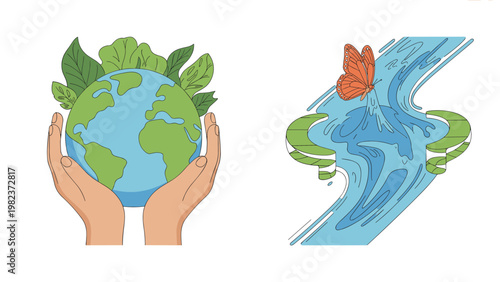 ESG and CSR Environmental Care Concept – Human Hands Protecting Earth with Butterfly and Water Flow Illustration