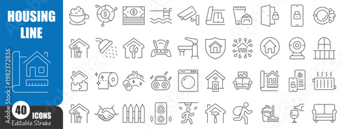 Housing and Real Estate Line Icons Set – Smart Home, Property, Security and Interior Outline Vector Collection