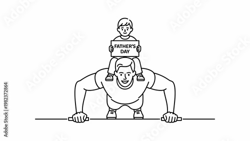 Strong Father Doing Push Up with Child Holding Father’s Day Sign Line Art Set