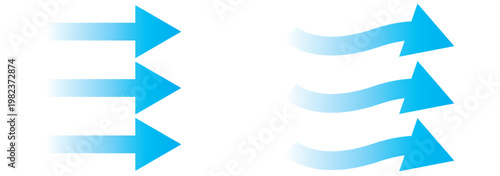 Air flow arrows set. Set of blue arrow showing wind air flow. Vector set of air flow arrows. Blue air flow arrows showing wind circulation and ventilation. Set of blue arrows showing cold air arrows.