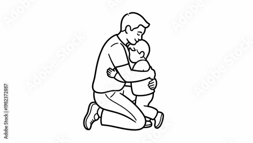 Dad and Child Embrace Outline Illustration – Parenting Love Minimal Line Art SetSelf Care Woman with Floral Background Line Art Set – Mental Health and Yoga Lifestyle Outline Collection