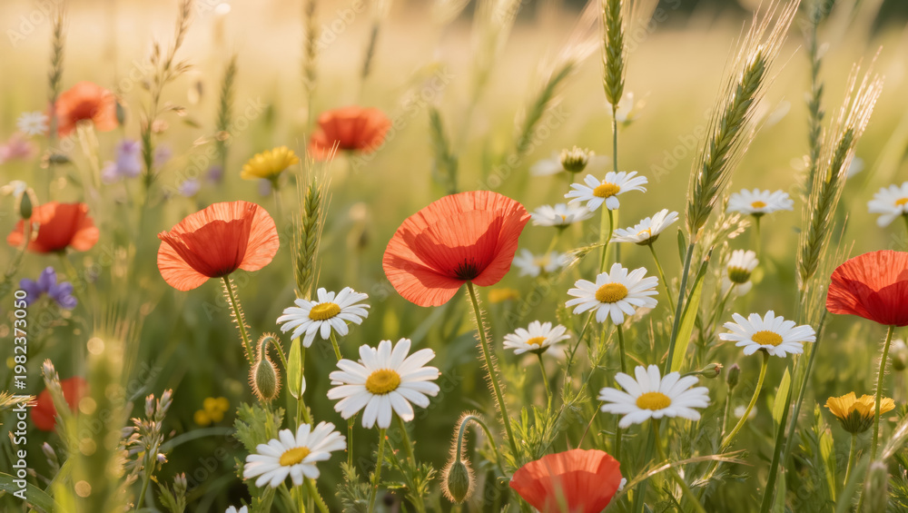 Obraz premium Vibrant wildflower meadow with poppies, daisies, and grasses in sunlit field