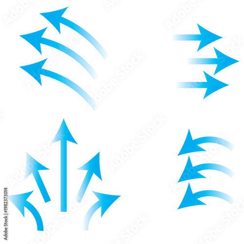 Set of blue arrow showing wind air flow isolated on white background, air direction signs. Air conditioning arrows.