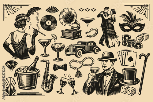 Vintage Art Deco 1920s Party Elements Engraving Vector Illustration Set; Roaring Twenties Icons Featuring Flapper Girl, Tuxedo Man, Jazz Saxophone, Gramophone, Cocktails, and Classic Car.
