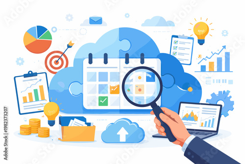 Business analysis and data management concept with cloud computing, organization, and problem solving. Hand holding magnifying glass over calendar with charts, graphs, and productivity components.