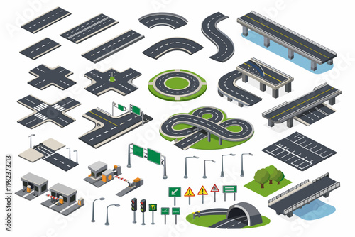 Isometric Road and Highway Elements for Urban Planning and Traffic Simulation featuring Intersections, Bridges, Roundabouts, Tunnels, Road Signs, Street Lights, Parking Lots, and Toll Booths.