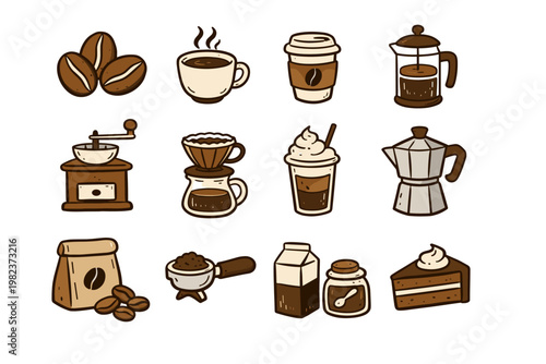 Hand-drawn coffee icon set with coffee beans, espresso cup, takeaway cup, French press, manual grinder, pour-over, iced coffee, Moka pot, coffee bag, portafilter, milk, and chocolate cake slice.