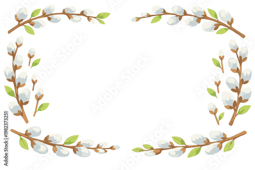 Watercolor Pussy Willow Catkin Branches Frame. Isolated Spring Tree Twigs with Blossoms Form a Seasonal Border on White Background. Hand-Painted Floral Decoration for Easter and Springtime Design.