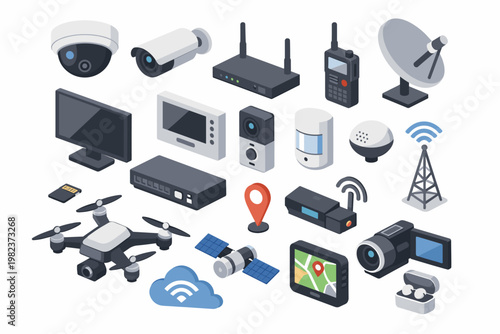 Isometric Surveillance and Communication Equipment Vector Set Featuring CCTV Security Cameras, Wireless Router, Satellite Dish, Drone, GPS Navigation, Network Switch, and Smart Home Devices
