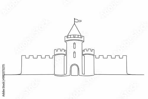 Minimalist continuous line drawing of a medieval fortified castle wall with battlements and a central watchtower with a flag. Elegant vector art for historical, architectural, and fantasy themes.