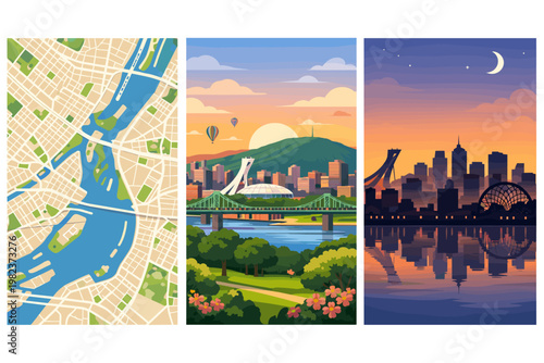 Montreal Travel Poster Set and Detailed Urban Street Map Illustration featuring City Skyline at Sunset and Night with Olympic Stadium, Jacques Cartier Bridge, Mount Royal, and River Reflection.