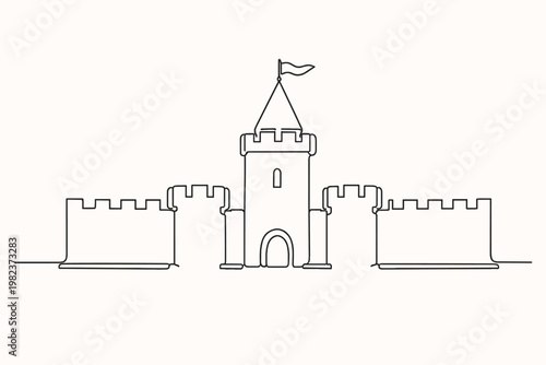 Minimalistic Continuous Line Drawing of a Fortified Castle Wall with Battlements and a Central Tower with a Flag, Simple One Line Art Vector Illustration for Medieval History and Architecture.