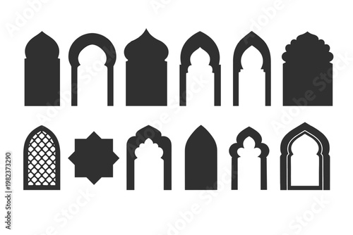 Set of Islamic Arches and Windows Silhouettes in Oriental Style, Traditional Arabic Door Frames and Mosque Architecture Elements for Ramadan and Eid Greeting Cards, Vector Illustration