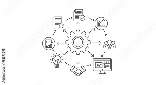 Gear centerpiece connects to various circular icons including documents, charts, a lightbulb, a handshake, and a computer screen to illustrate an integrated system of efficient business operations.