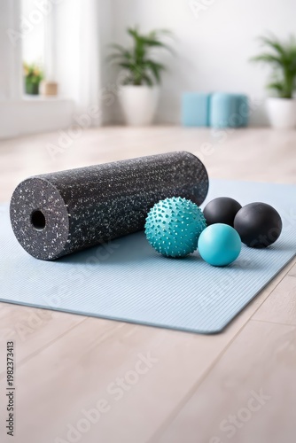 Myofascial release tools for recovery and physiotherapy: foam roller and trigger point massage balls for rehabilitation, wellness, fitness, pilates, yoga, stretching, mobility, exercise, workout