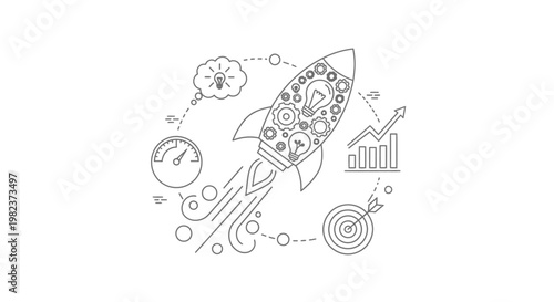 Rocket ship ascends through a field of business icons representing rapid innovation and the launch of new ideas within a competitive market environment that demands speed and high performance results.