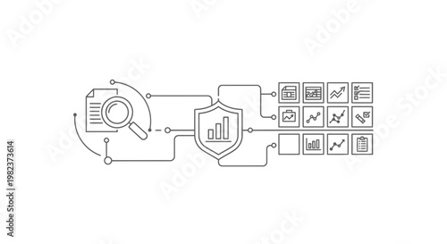 Shield icon protects a central bar graph which connects to a grid of various data analytics symbols through a series of lines, representing secure digital reporting and financial document management.