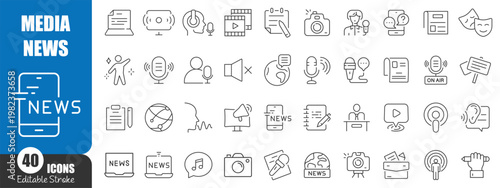 Media and News Line Icons Set – Journalism, Broadcasting, Podcast and Communication Outline Vector Collection