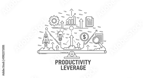 Productivity leverage is visually depicted by a balanced scale featuring rocket ships and currency symbols to represent the optimized output and financial growth achieved through efficient workflows.