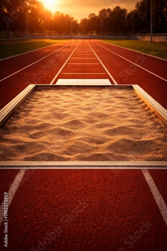 Long-jump sandpit at athletics track stadium, sunset sports competition training, olympic field running exercise, fitness outdoor background