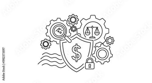 Shield with dollar sign emblem stands protected by interlocked mechanical gears and a magnifying glass to symbolize financial security, monetary regulation, and robust corporate fiscal management.