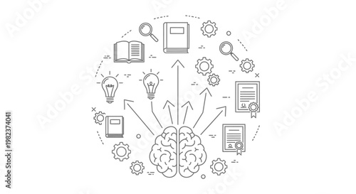 Brain serves as the central hub for intellectual development by connecting to various educational books, magnifying glasses, and certification documents through upward pointing directional arrow.