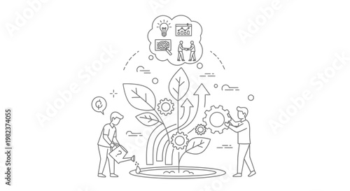People nurture a growing plant integrated with mechanical gears to illustrate the collaborative effort required to develop sustainable business growth and long-term organizational success through.