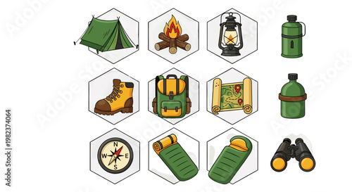 Set of camping equipment including tent campfire lantern and map