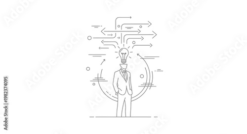 Businessman stands with a glowing lightbulb emerging from his head while multiple directional arrows point outward to represent the generation of diverse creative ideas for a professional business.