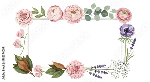 Beautiful floral border with roses lavender and greenery for decoration