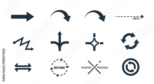 Collection of navigation and process icons on a plain background