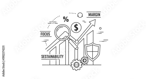 Sustainability and margin analysis icons feature a magnifying glass over financial charts, dollar sign, shield, and gears to represent secure economic growth and long term corporate success planning.